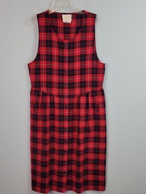 Pendleton wool red black tartan plaid jumper midi dress  size 14 with pockets